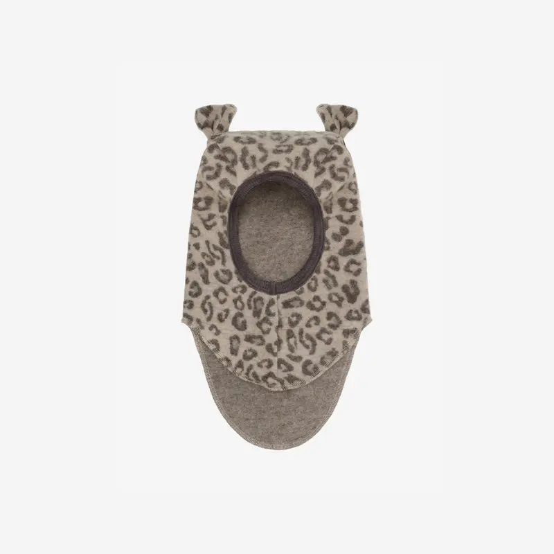Balaclava met oortjes - Merino wol fleece - Jacquard/panterprint - Camel Melange - HUTTEliHUT