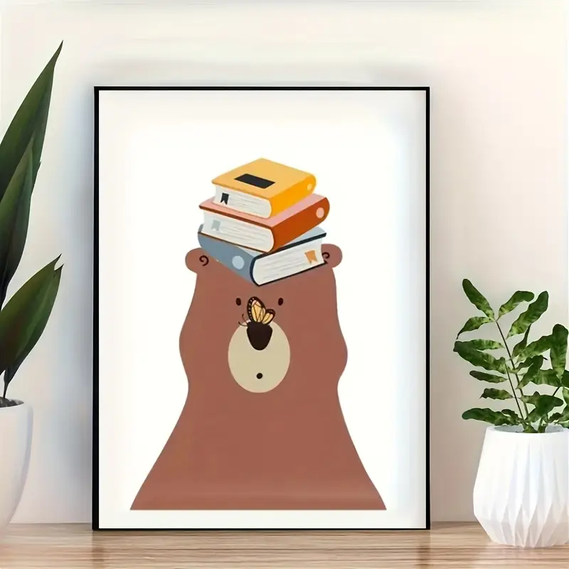 Canvas 'Beer met Vlinder en Boeken'