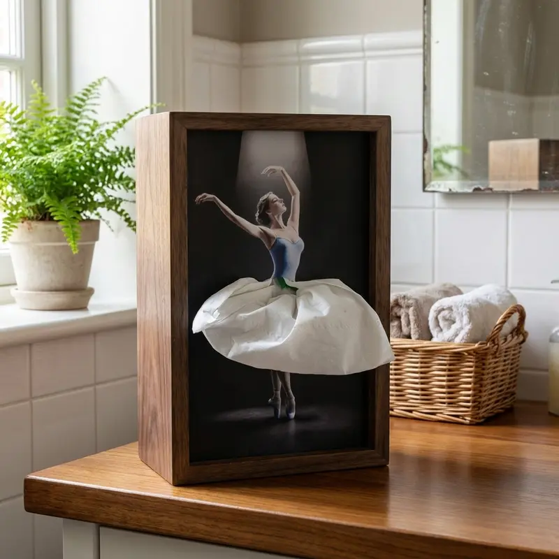 CarveGrace™ | Handgemaakt massief walnoothouten tissuehouder met balletdanseres