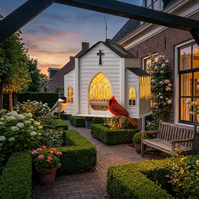 ChapelLight™ | Kerkje-vormig vogelvoederhuisje met zonne-energie LED-verlichting