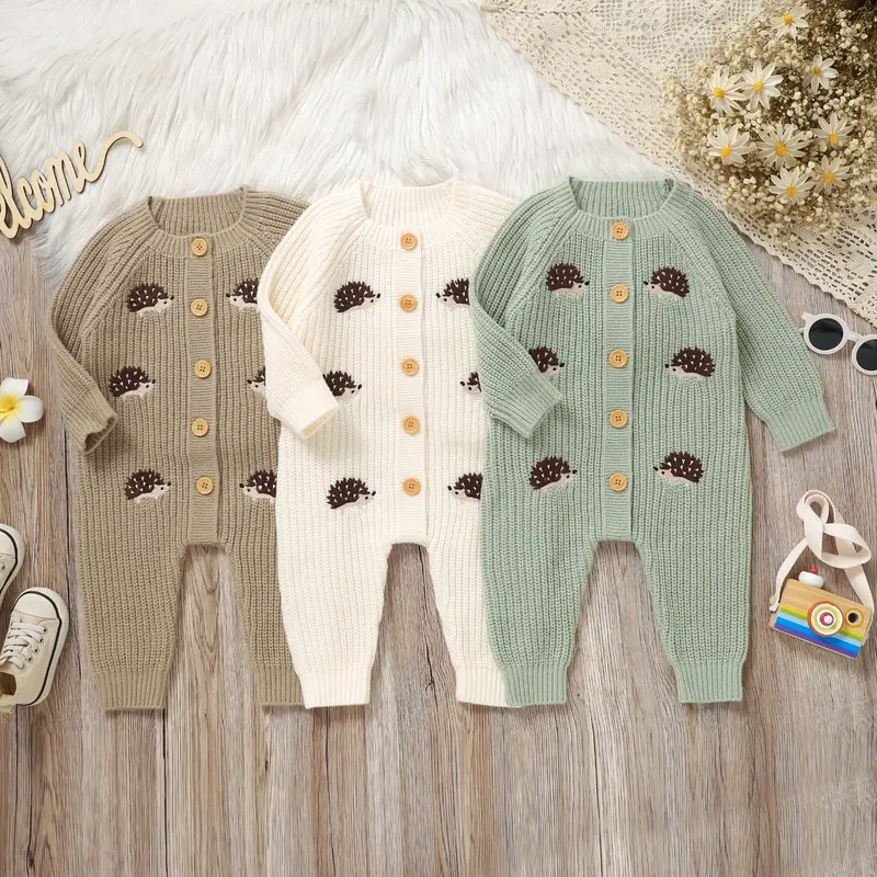 CozyHedge – Soft & Warm – Knitted Baby Jumpsuit with Hedgehog Print