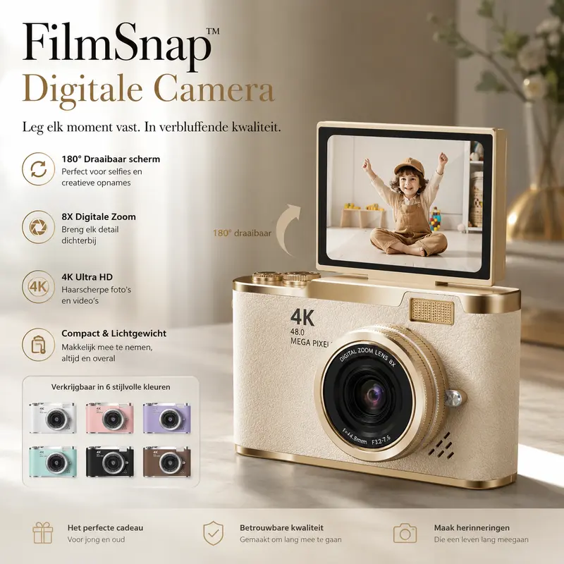 FilmSnap™ Digitale Camera — 48MP, 4K, 180° Flip Screen, Vintage Design