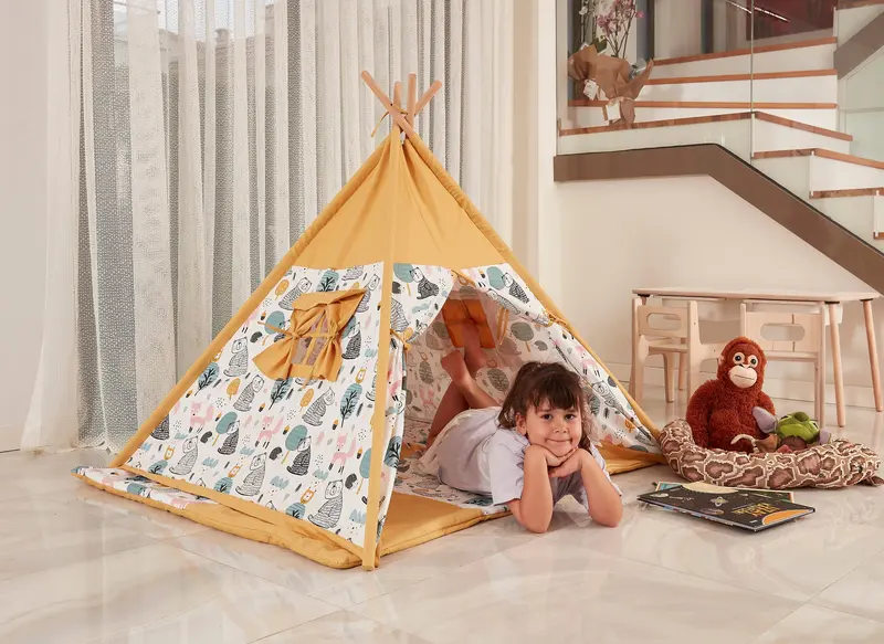 Foldable Play Tent with Natural Canvas Mat, Childrens Teepee Tents for kids