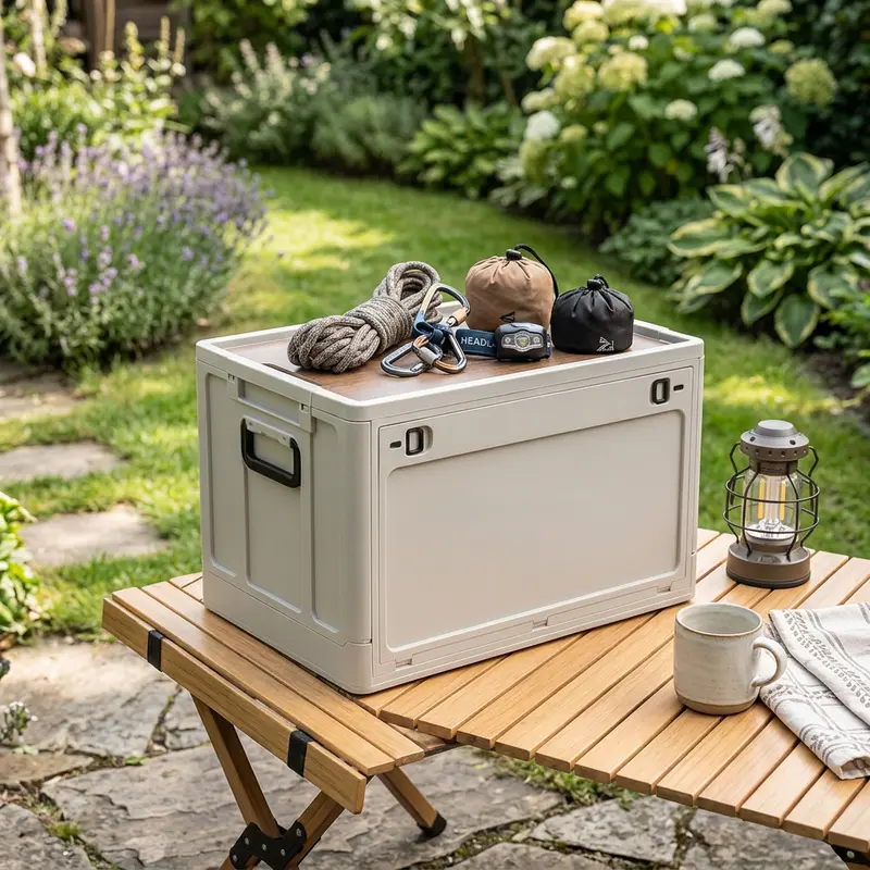 FoldOut™ | Opvouwbare campingkist met houten deksel