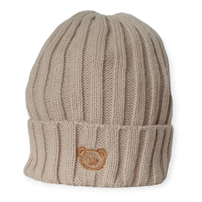 Gebreid Beanie Mutsje met Beer (Beige)