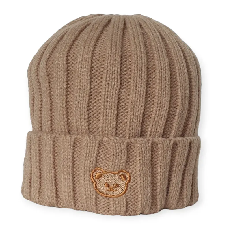 Gebreid Beanie Mutsje met Beer (Khaki)