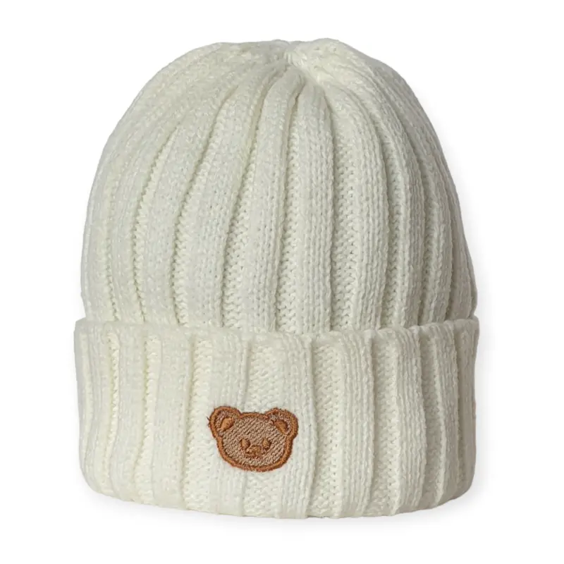 Gebreid Beanie Mutsje met Beer (Wit)