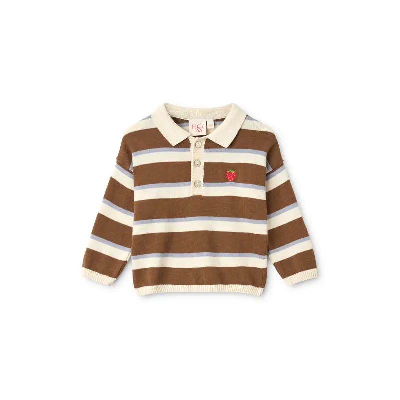 Gebreide polo sweater Elias – Coffee/Air Stripe – 100% katoen – Flöss