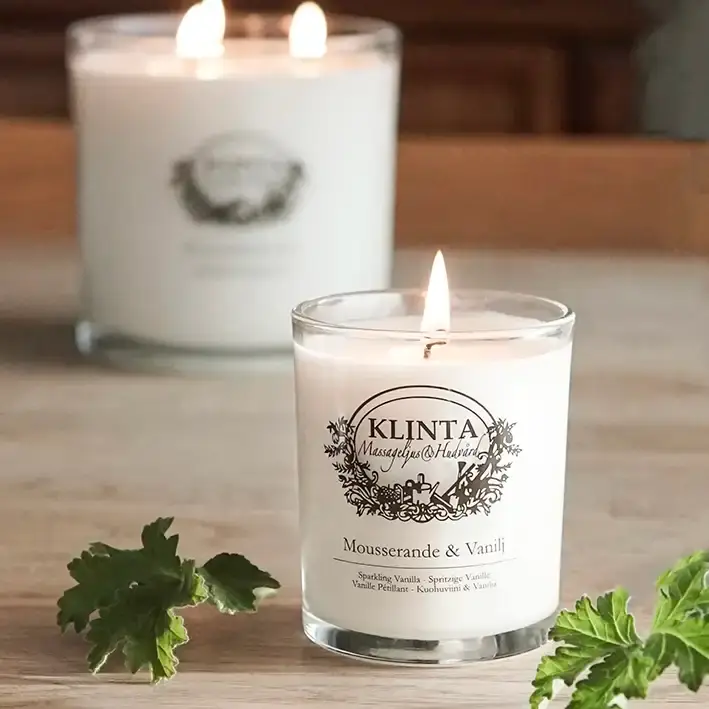 Geurkaars / Doftljus & Massageljus Mousserande & Vanilj 18 uur - Klinta