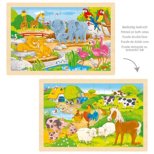 Houten Dubbelzijdige Puzzel Boerderijdieren en Dierentuin | Goki