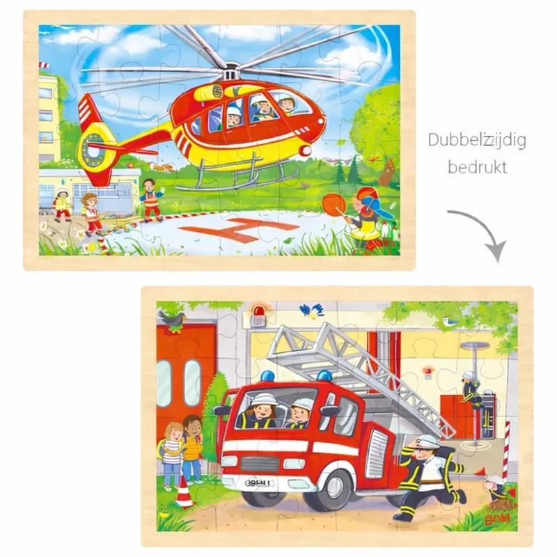 Houten Dubbelzijdige Puzzel Helikopter en Brandweerwagen | Goki
