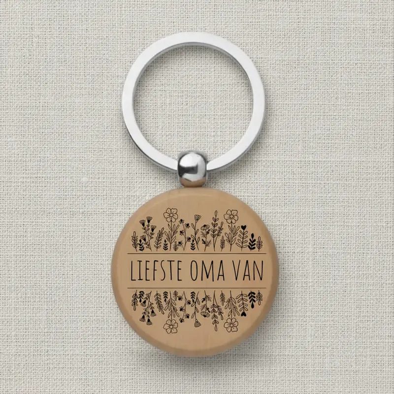 Houten sleutelhanger met naam | met bloemen