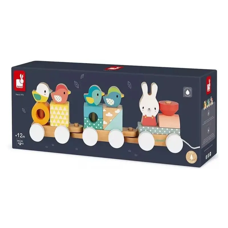 Houten trein vogels en konijn
