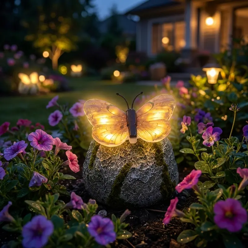 LunaGlow™ | Zonne-energie tuin-steen met ingebouwde verlichte vlinder