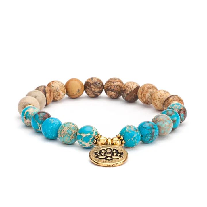 Mala armband Jaspis & Turkoois met Lotus bedel – Bodynova