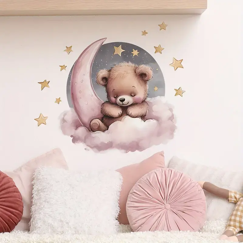 Muursticker 'Beertje op Roze Wolk'