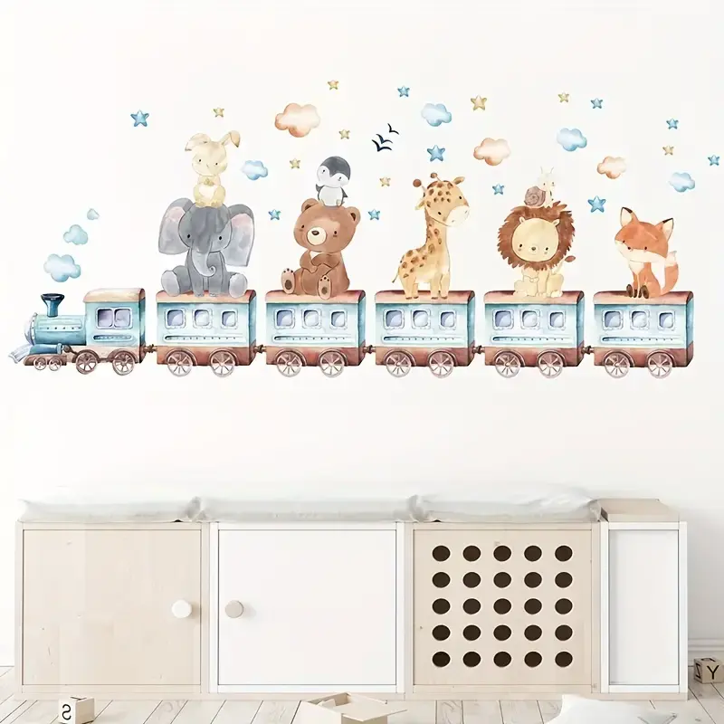 Muursticker 'Cartoon Dieren in Trein'