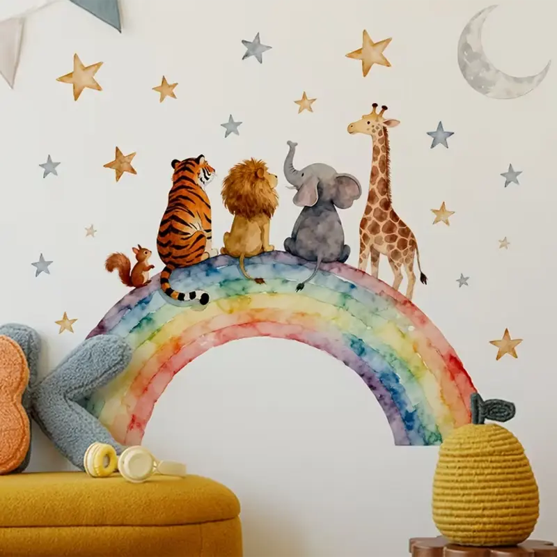 Muursticker 'Dieren op een Regenboog'