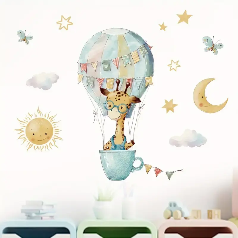 Muursticker 'Giraffe in Luchtballon'