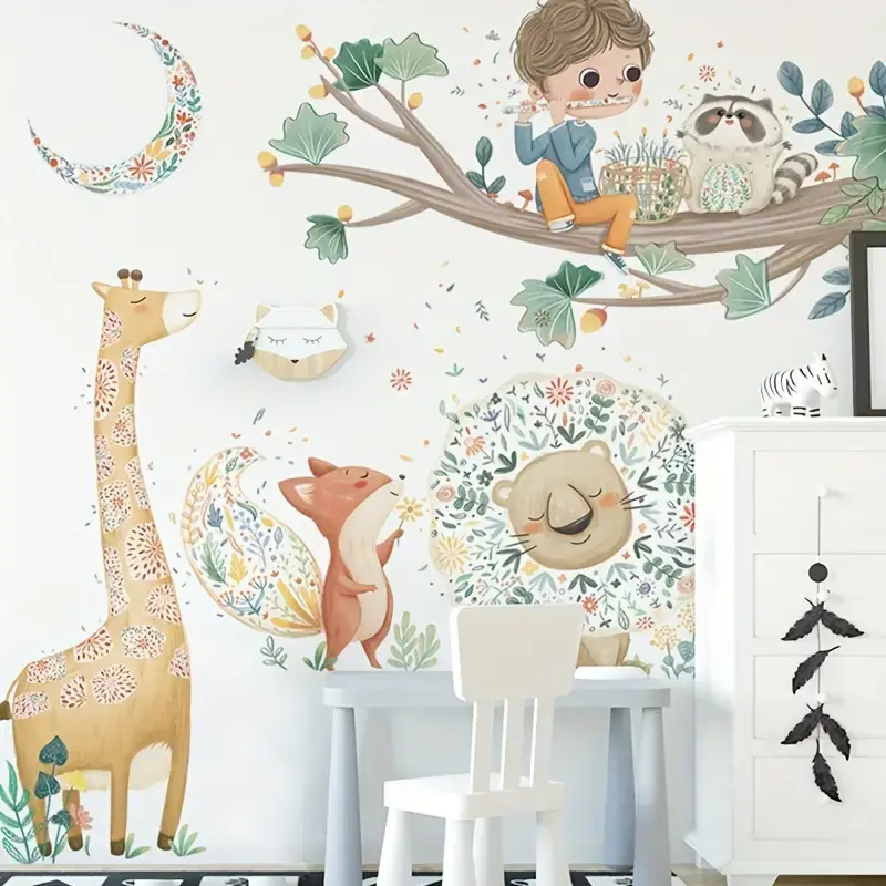 Muursticker 'Jongen met Fluit en Dieren'