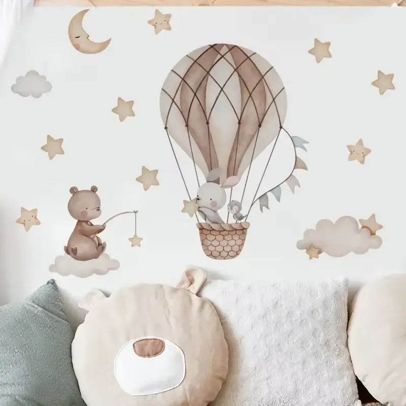 Muursticker 'Konijn in Ballon met Beer'