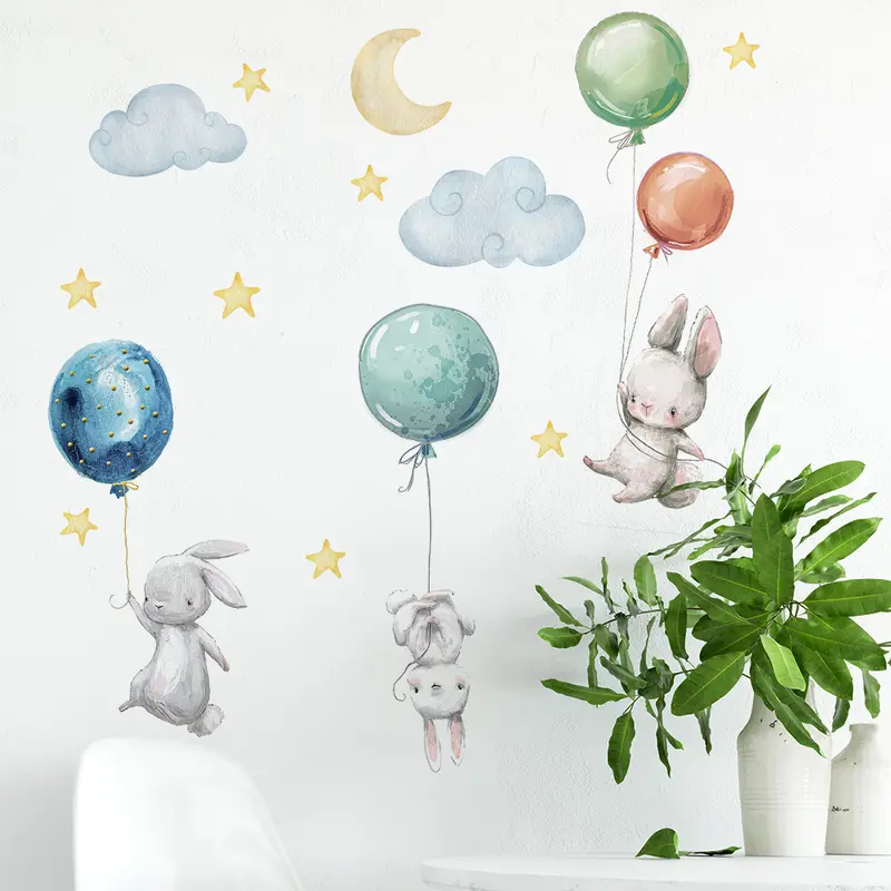 Muursticker Konijntjes aan Ballonnen