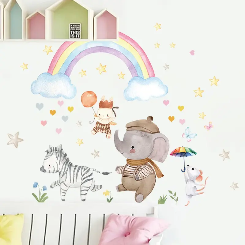 Muursticker 'Olifant, Zebra & Regenboog'