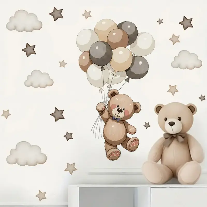 Muursticker 'Teddy aan tros Ballonnen'