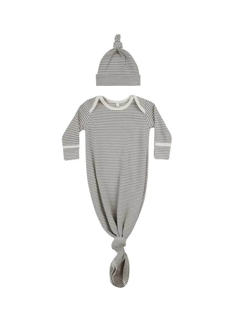 Quincy Mae knotted baby gown + hat set lagoon micro stripe