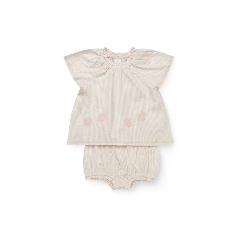 Seersucker Baby-Set met Borduursel - Biologisch katoen - Dusty Rose/Cream Stripe - Copenhagen Colors