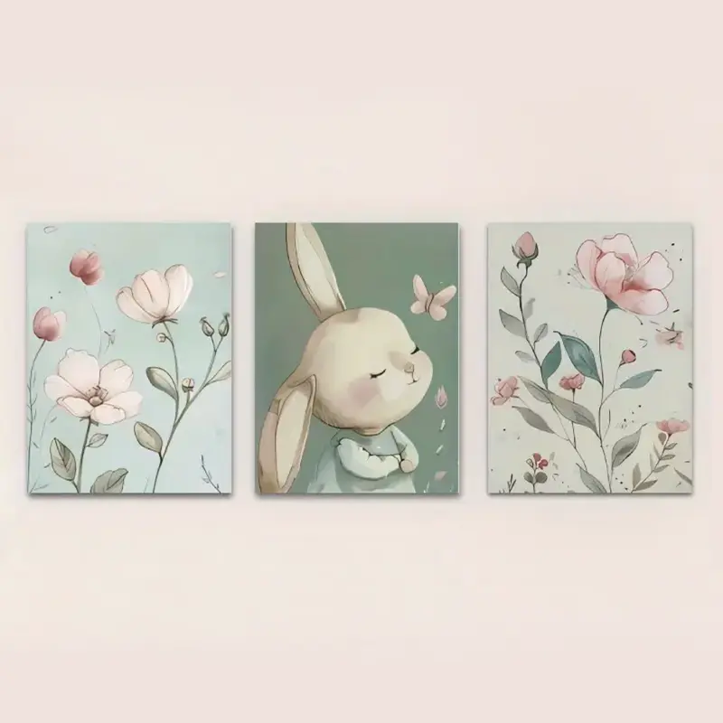 Set van 3 Canvas 'Flowers & Bunny'