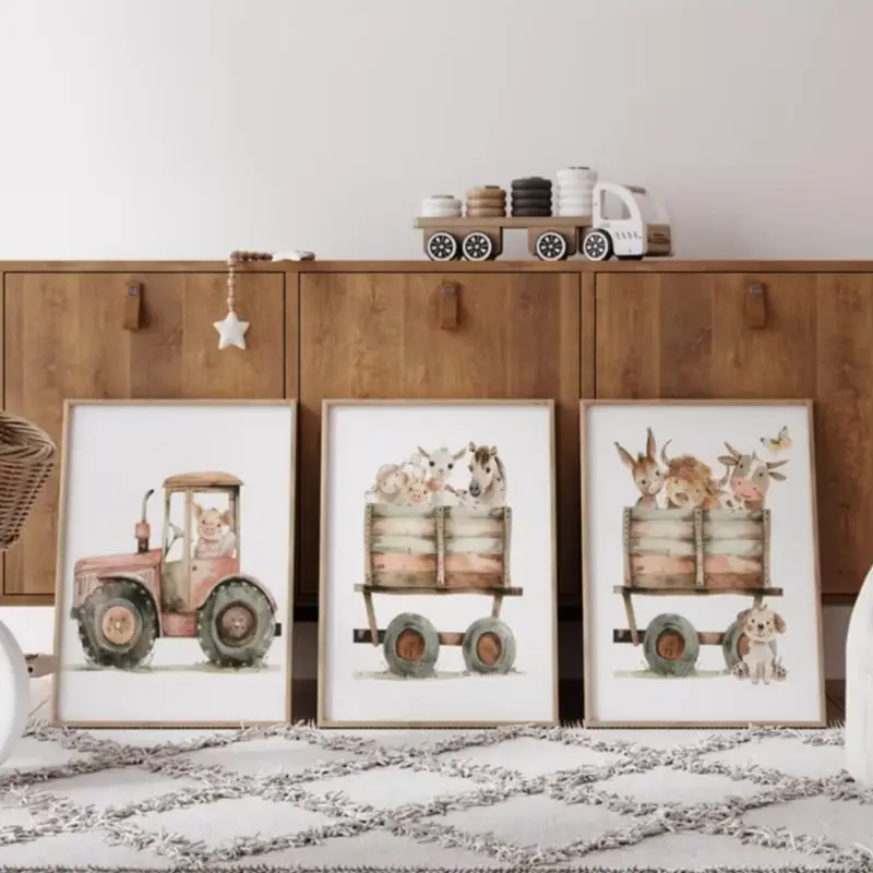 Set van 3 Canvas 'Trekker met Boerderijdieren'