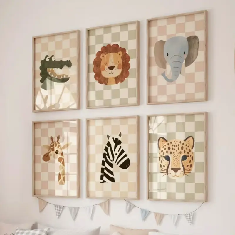 Set van 6 Canvas 'Dieren op Dambordpatroon'