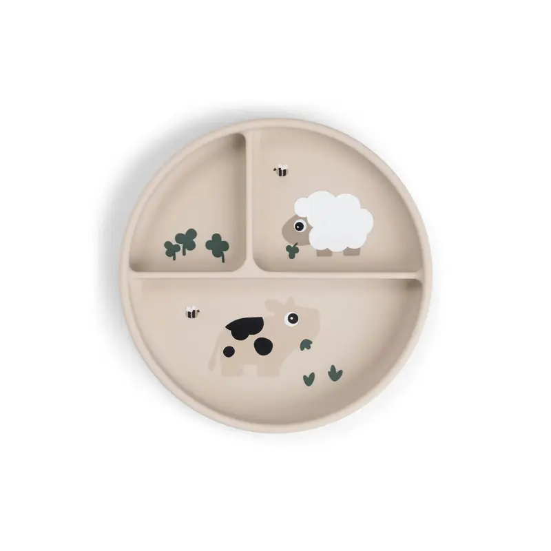 Siliconen zuignap bord - Stick&Stay compartment plate - Tiny farm - Sand - Done by Deer