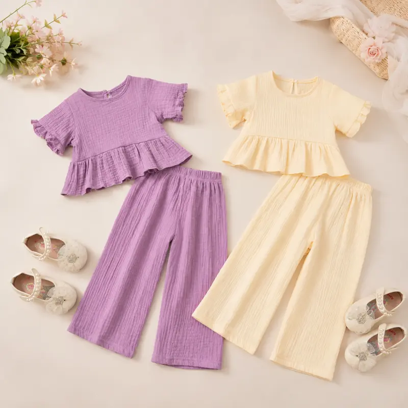 SoftCharm – Elegant & Comfortable – Girls' Set with a Ruffle Top and Long Pants
