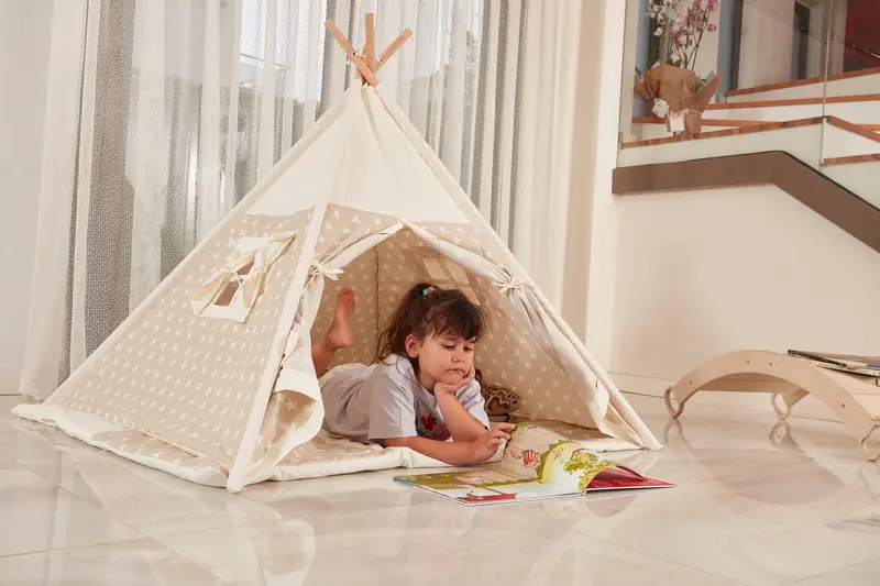 Stars Design Canvas Play Tent & Mat, Big Teepee Tent for Toodler