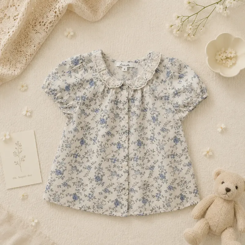 Vine Print Blouse – Light & Cute – Children's Blouse with Puff Sleeves